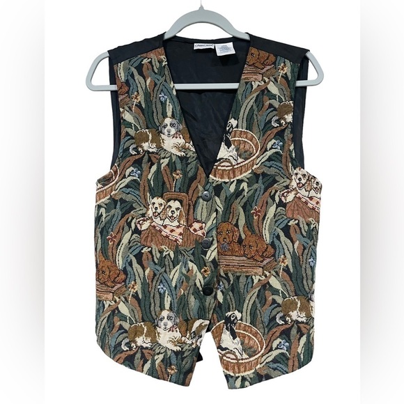 Cabin Creek Vintage 90s Puppy Dog Button Down Vest Size Large Black Brown Green - Picture 1 of 6